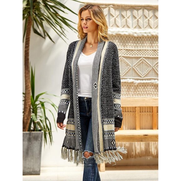 Women Boho Knit Cardigan Small Lightweight Tribal Fringe Long Open Front - Picture 2 of 6